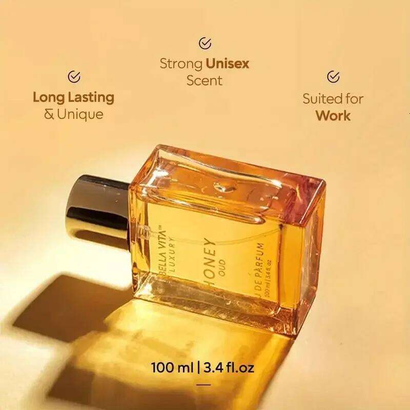 BellaVita Honey OUD Perfume for Women Men 100ml Vanilla, Bergamot & Patchouli Notes | Long-Lasting Arabian Unisex Perfumes 26H0306