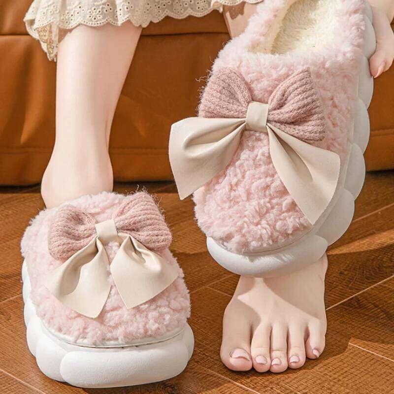 Women's Slippers Thick-Soled Soft-Soled Bedroom Cotton Shoes Outdoor Indoor Winter Plush Non-Slip Bow Warm Houseshoes
