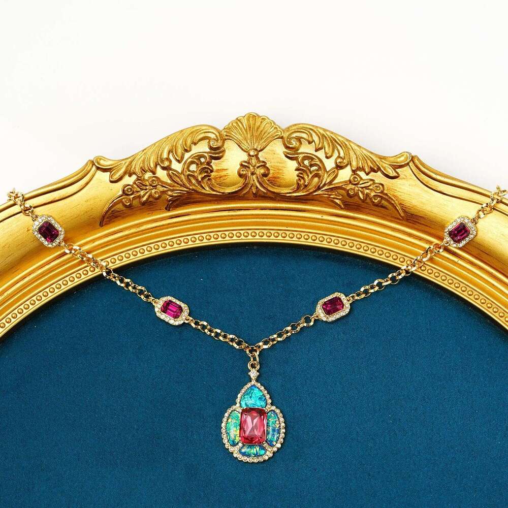 Vintage Retro Blue Platinum Resin Collarbone Chain Earrings Necklace Ring Jewelry Niche Heavy-Duty Sweater Chain High-Quality