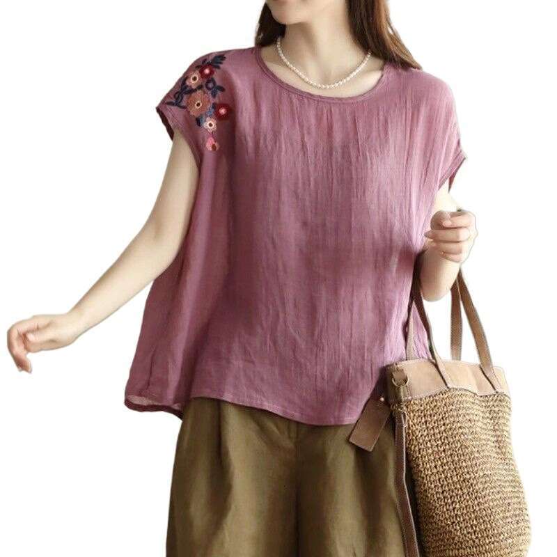 Chinese Style Embroidered Cotton Linen Short-sleeved T-shirt for Women's Summer New Style Thin Sleeveless Top