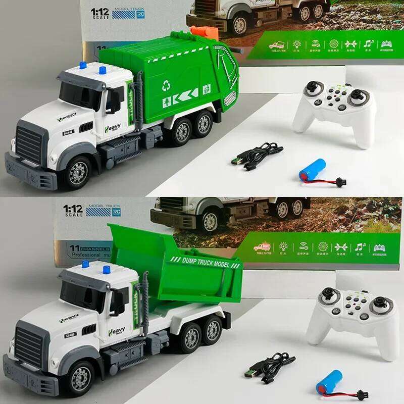Rc Garbage Truck 1/12 Toy with Lights Scale Radio Controlled Car Sanitation Vehicle Recycling Cars Early Learning Boys Toys C260305