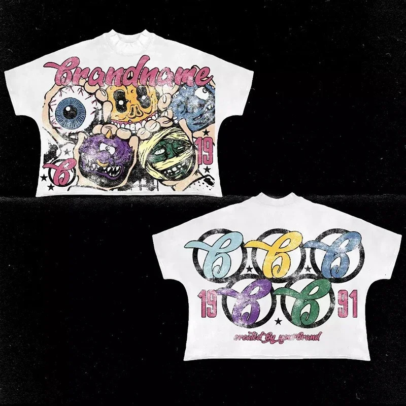 Summer Men Women Hip-hop Y2K Style Cotton T-shirt Street Style Retro Fashion Short-sleeved Print Tee Casual Loose Streetwear 260304