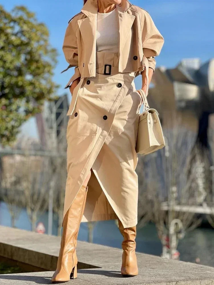 Fashion Two Piece Sets Outfits Office Lady Tracksuit Street Wear Cargo Set Long Sleeve Jacket and Wrap High Split Skirts Suit 260304