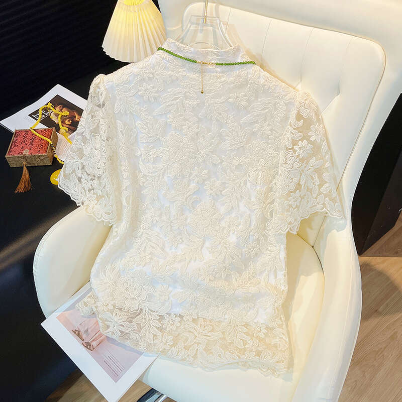 Short sleeve Blouse Women Lace Design Embroidery Elegant Female Fashion Tops Casual Stand-collar Chinese Style New Style Button Chinese National Style