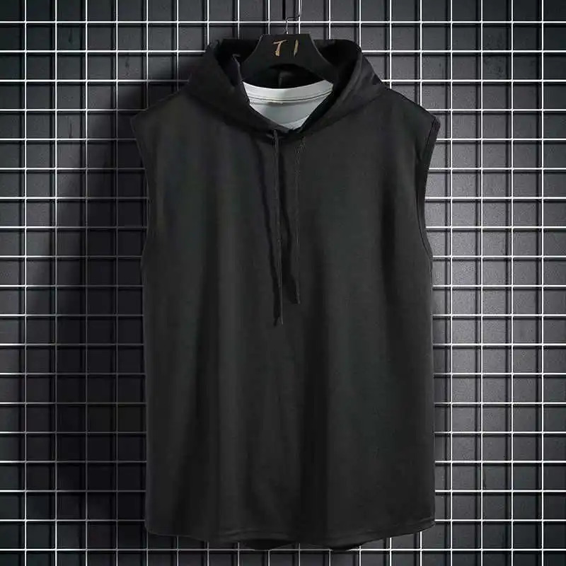 Men Tie Collar Hooded Sleeveless Vests Male Summer Loose Solid Hip Hop Tee Shirt Tops AYH-01 260306