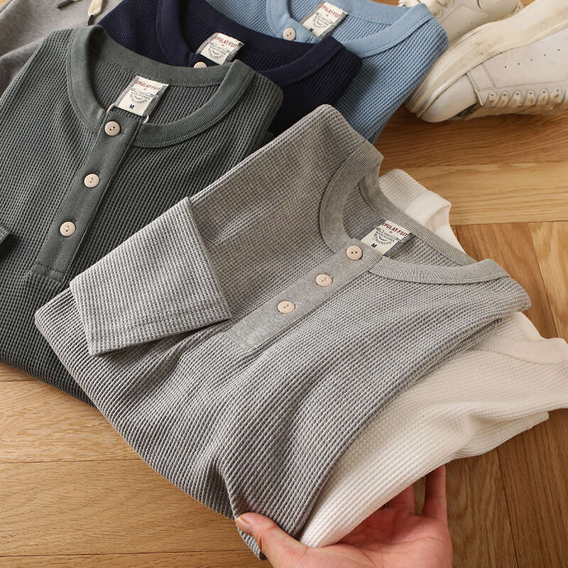 European and American Tough Guy Henry V-Neck Live Streaming One-Piece Dropshipping Men's All-Cotton Waffle Long-Sleeve T-Shirt Base Shirt Cotton 