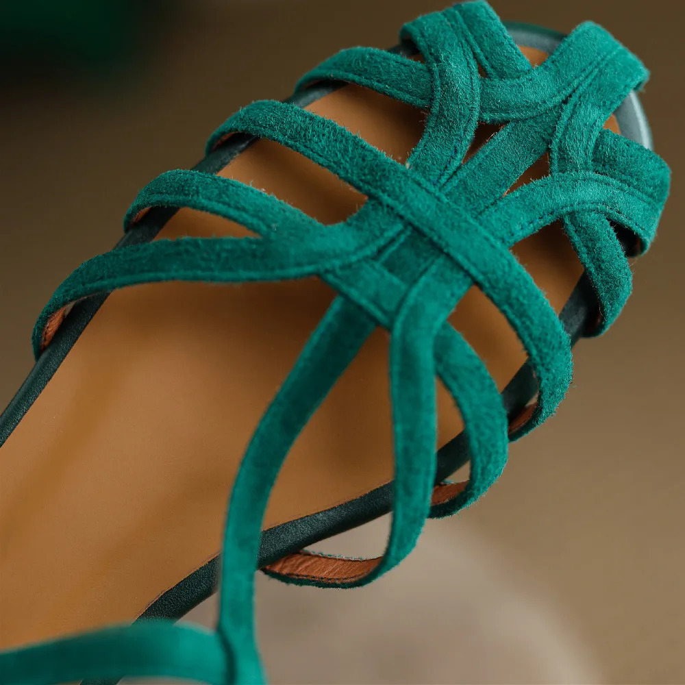 Womens natural suede leather narrow band braided t-strap flats sandals round toe casual female footwear summer shoes for women 260305