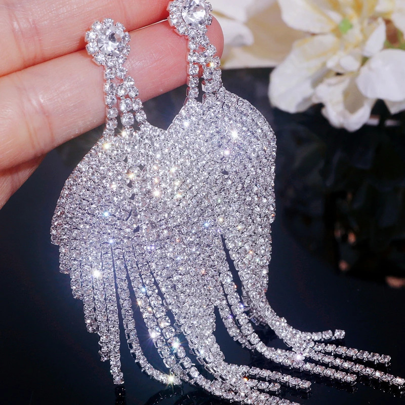 Trendy Sparkling Rhinestone Exaggerated Long Tassel Earrings for Women Silver Plated Big Drop Dangle Party Jewelry 260302