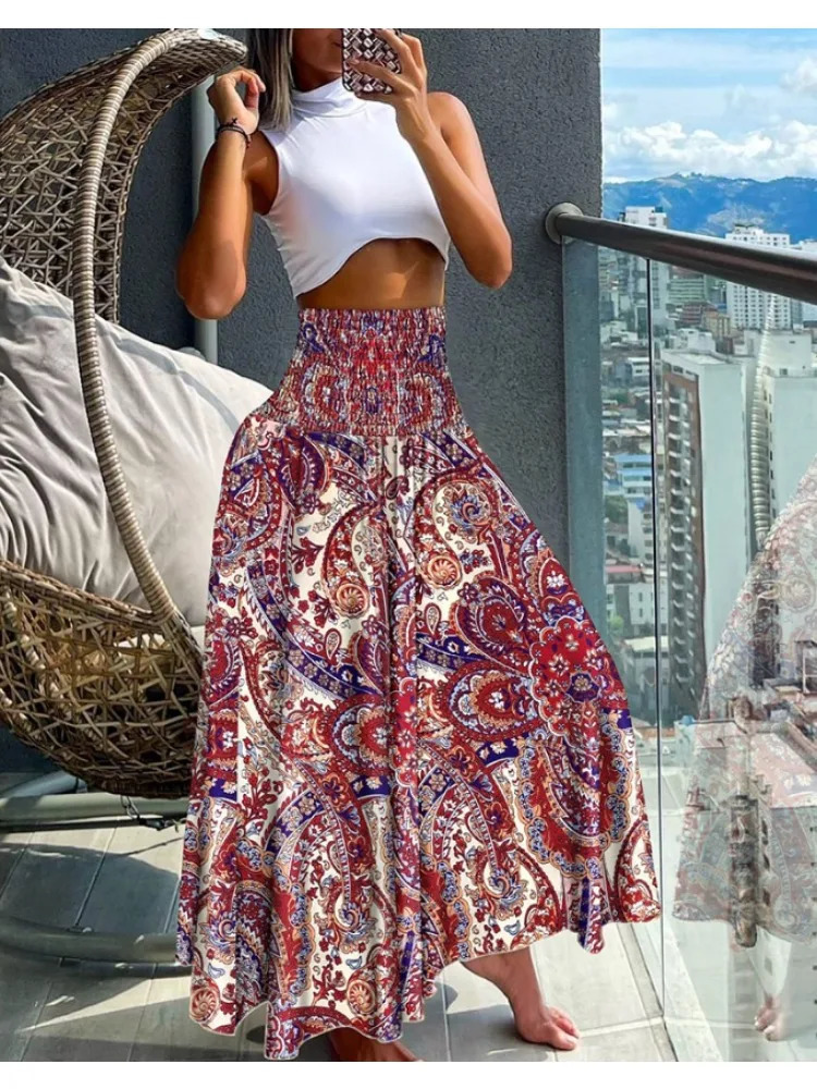 Women Fashion Floral Print Folds Bohemian Elastic High Waist Skirt Ladies Knee-Length Long Skirts For Women 260306