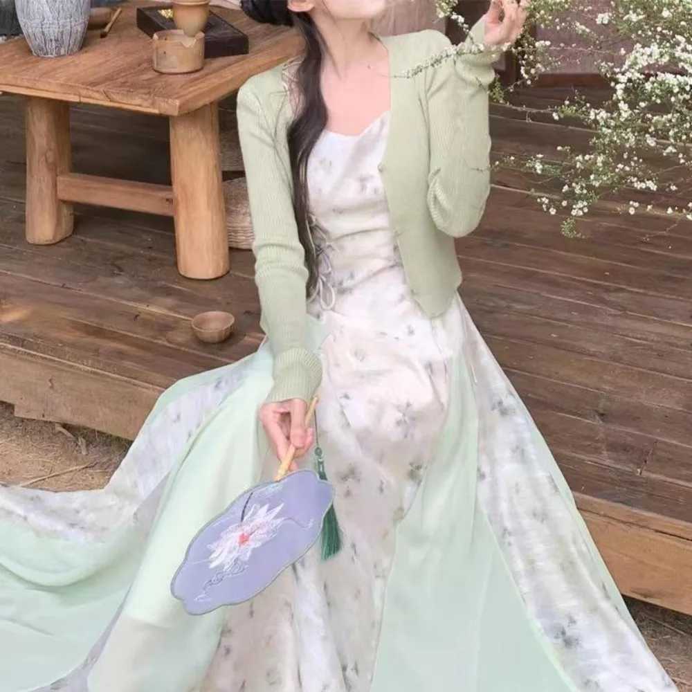 Chinese Modern Style Spaghetti Strap Lace Up Young Girls Green Pink Fashion Summer Midi Dresses 2024 X260306