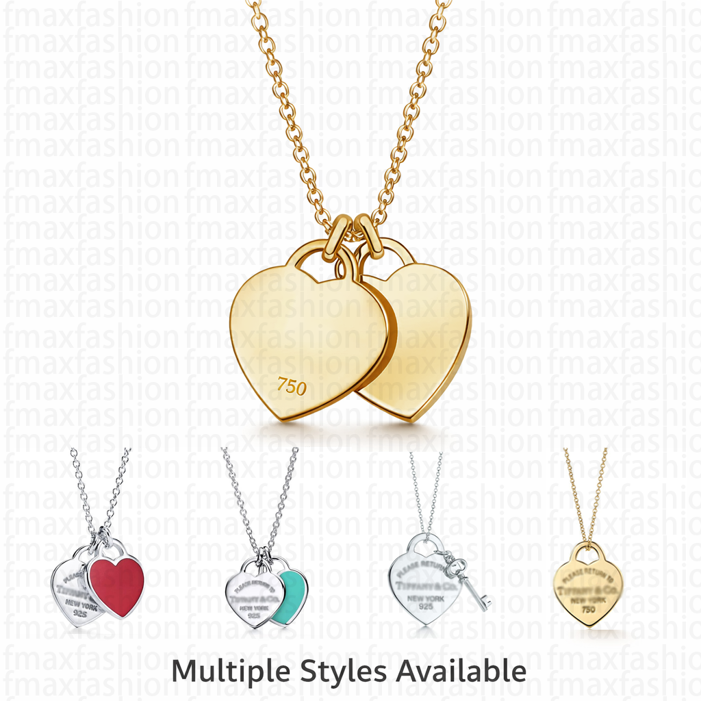 Designer Blue Heart Necklace for Women Double Heart Charm Necklace Silver Pendant Necklace Romantic Jewelry Gift for Her