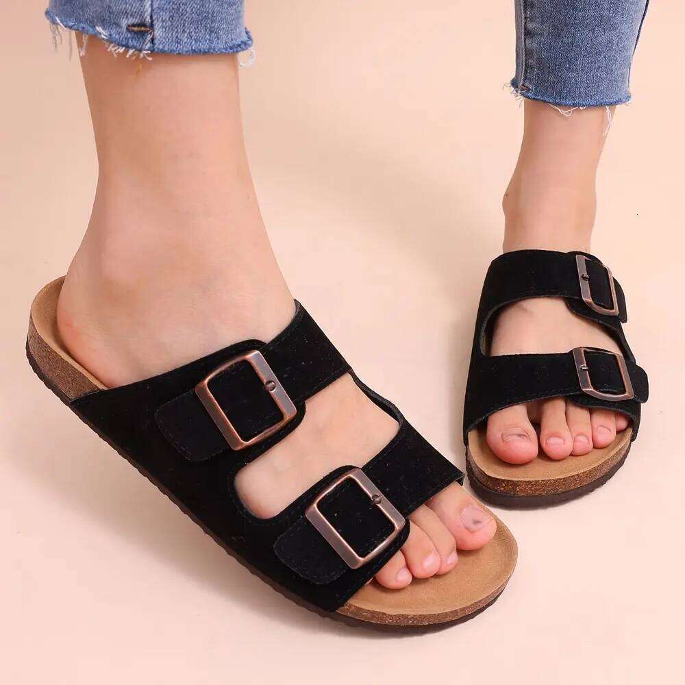 Litfun Women's Cork Footbed Fashion Ankle-Strap Suede Slippers Platform Outdoor Beach Sandals Home Comfort Flats Slides