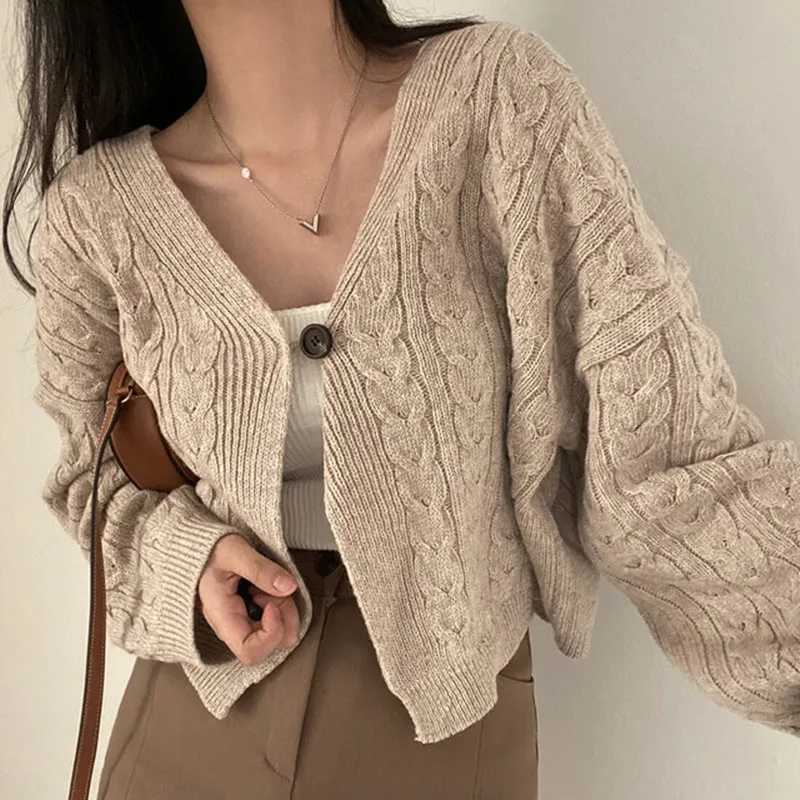 V-neck Twist Design Short Cardigan Sweater Knitted Jacket Fall Autumn and Winter Loose Retro Long Sleeve Casual Womens Clothing M260306