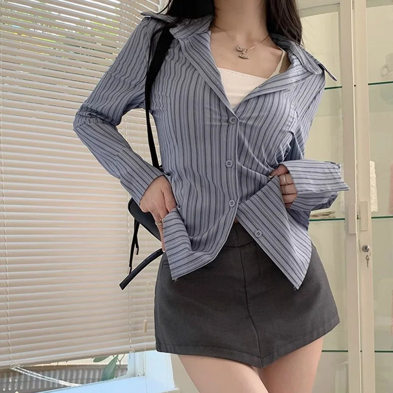 Korean Blue Striped Long Sleeve Shirt Jacket Womens Spring Waist Cinching Slimming Top Women Clothing 260306