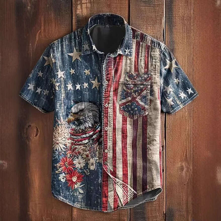 Cross-border vintage casual printed short-sleeve men's shirt