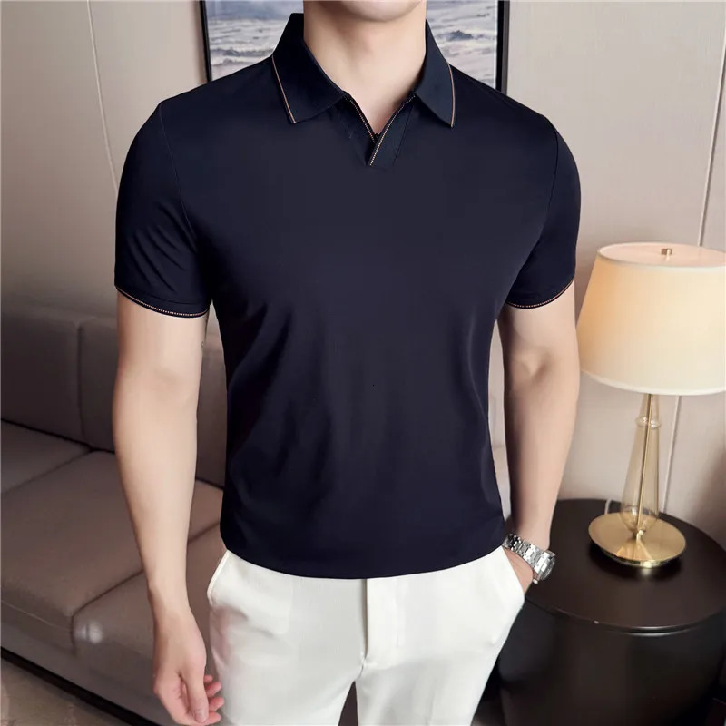 Men Polo Shirt Short Sleeved Summer Ice Silk Light Thin Soft Solid Casual Elastic Slim Fit T-shirt Daily Wear Streetwear Top 260304