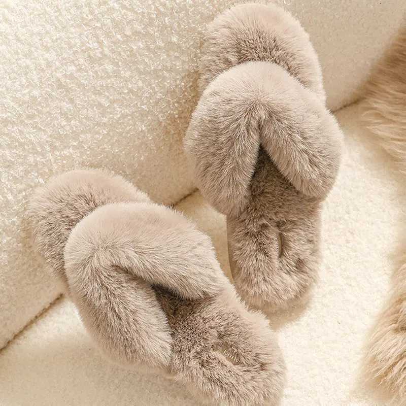 Winter Keep Warm Women Fur Furry Slippers Soft Slides Flats Heel Non Slip Indoor House Flip Flops Shoes Female Slippers S260305