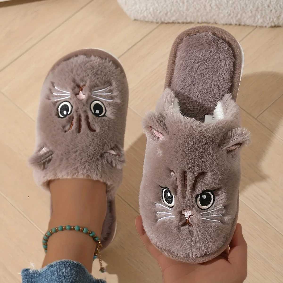 Womens Plush Cat Slippers for Winter Warm and Cozy Indoor House Shoes with Soft EVA Sole Non-Slip Design QEEDUOOF S260305