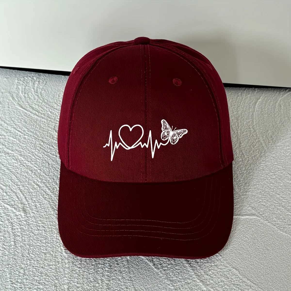 A minimalist baseball cap with white butterfly heartbeat print design for outdoor sports sunshade and sun protection S260306