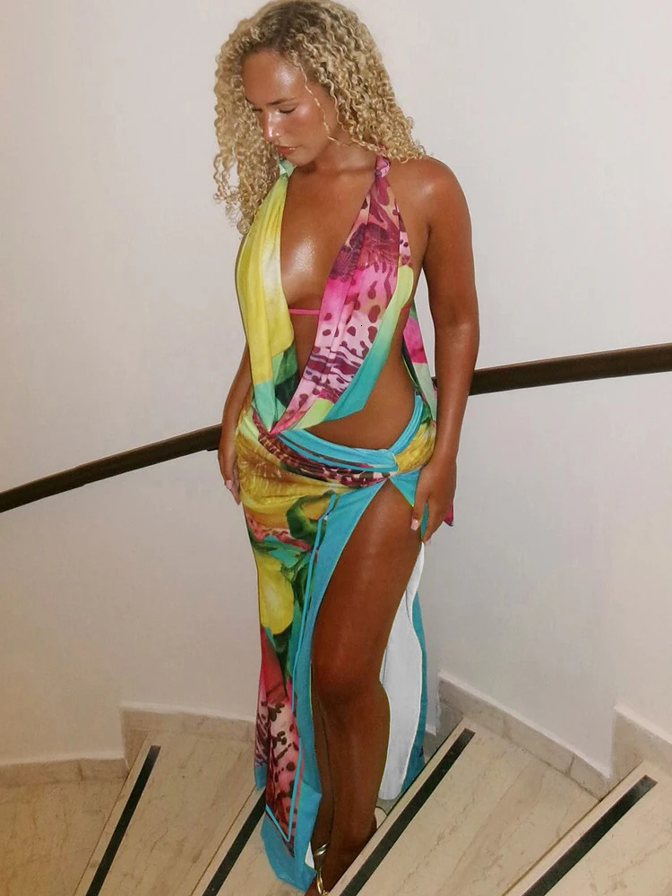 Weird Puss Colorful Leopard Women 2 Piece Set Y2K Beach Vacation Halter Tank TopsWrapped Maxi Skirts Matching Vacation Clubwear 260304