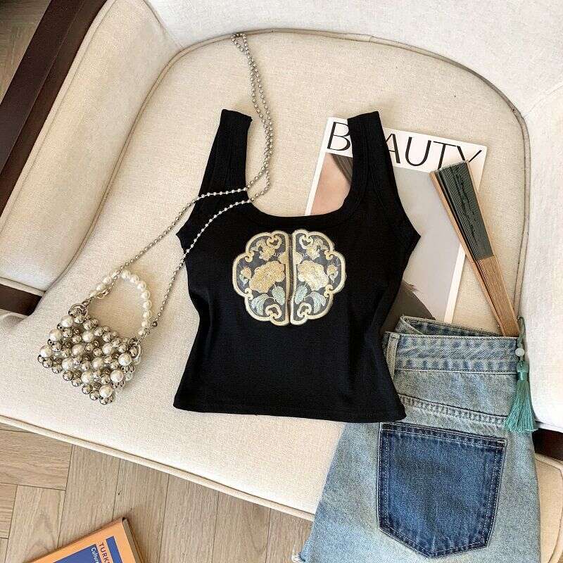 New Chinese-Style Women's Summer Camisole With Chest Pads, Short Embroidered Tank Top For Plus-Size Women