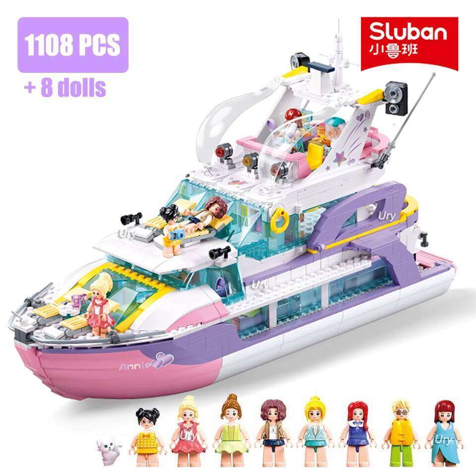 Sluban Friends Luxury Yacht Boat Party Cruise Vessel Model Building Blocks Ship Set Sea 8 Figures MOC Toy for Girl Birthday Gift Z260305