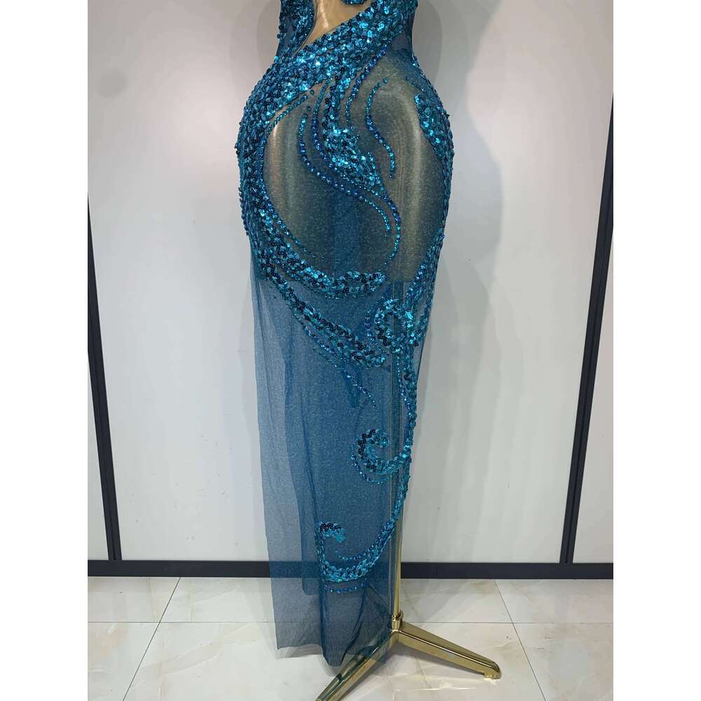 Women Luxury Blue Rhinestones Sequines Mesh Transparent Long Club Evening Party Dress Birthday Photoshoot Clothing