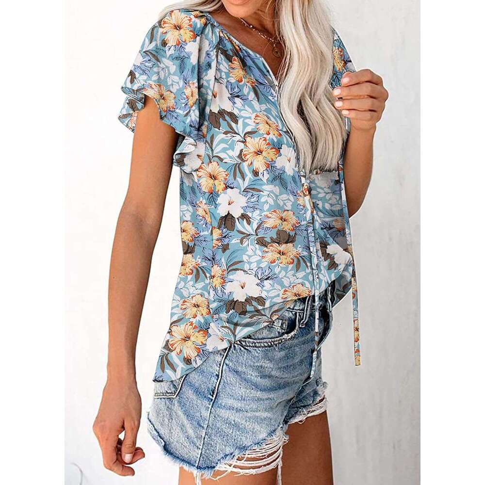 Women's Boho Tops Floral V Designer Neck Short Sleeve Summer Blouse Shirts