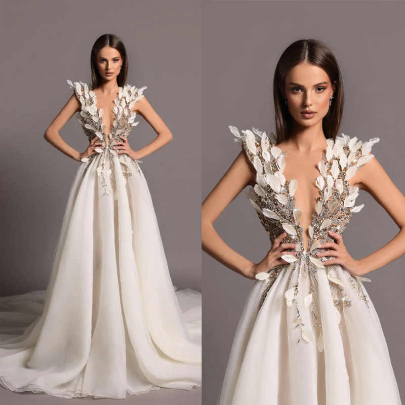 Stunning Evening Dress Sleeveless Deep V-Neck Feather Crystal Beaded Party Gowns Prom Vestido De Novia Customized