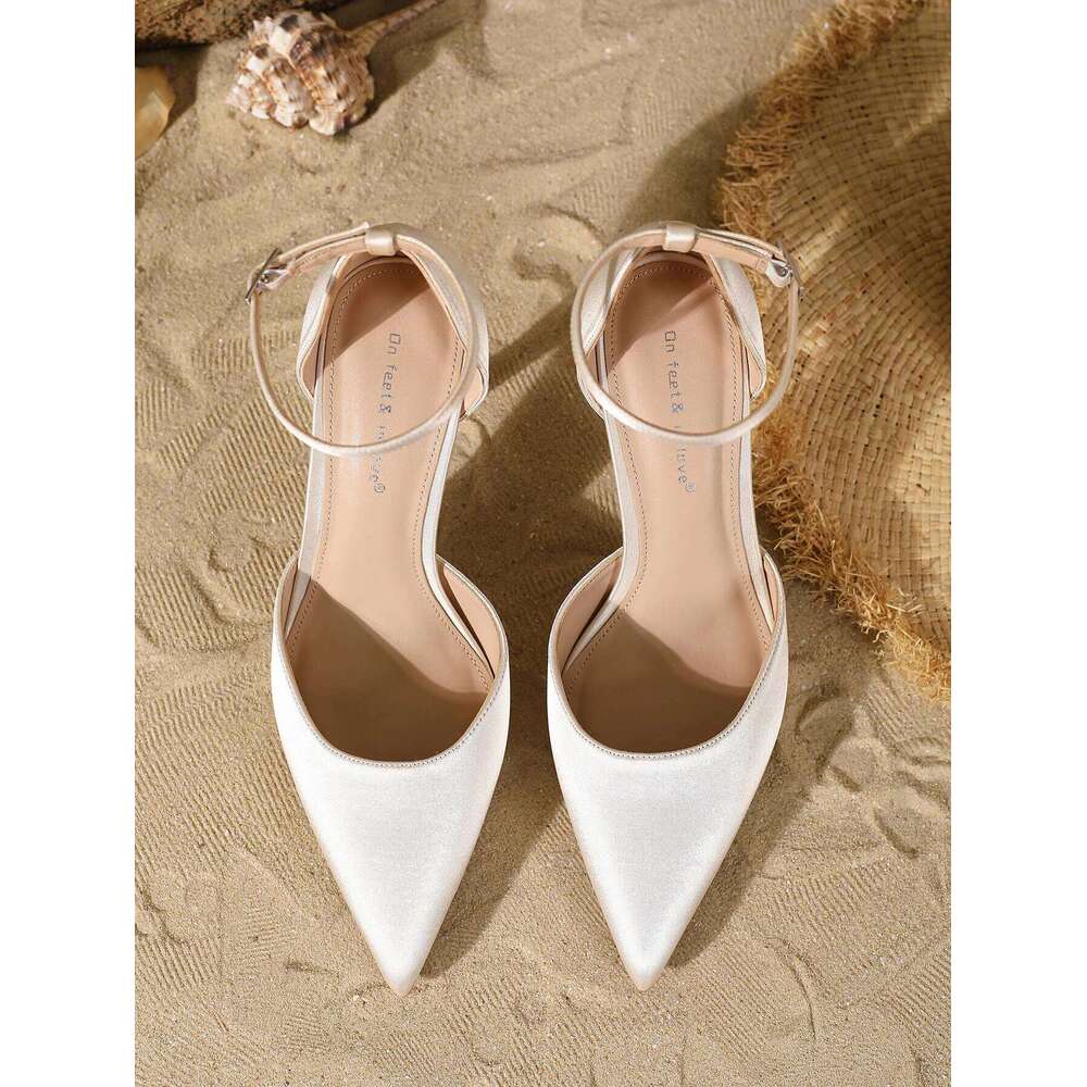 Women's fashionable elegant satin pointed-toe high heels with a back ankle strap. Comfortable, simple, and versatile in
