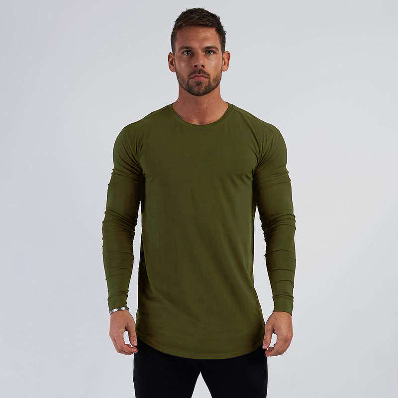 Solid Color Fitness T-Shirt for Men Round Hem Pure Cotton Breathable Slim Fit Sports Long Sleeve Autumn Winter Fashion Trend Base Shirt