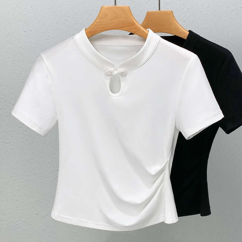New Chinese style solid color hollow temperament top female retro short sleeve design sense T-shirt Chinese style buckle top versatile commuting offic
