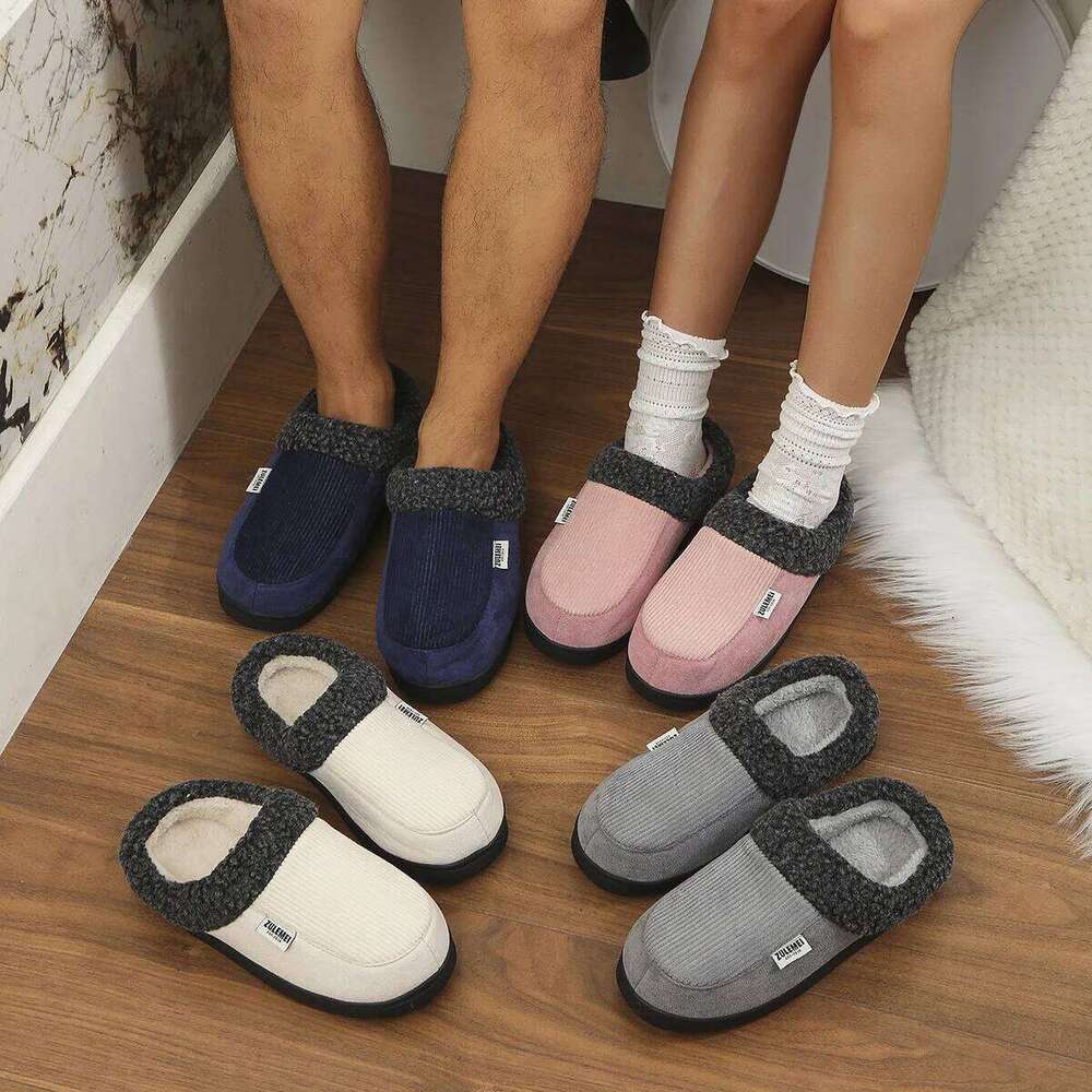 Litfun Winter Men Cotton Shoes Warm Fleece Lined Outdoor Fashion Fuzzy Slides Indoor Antiskid Short Plush Female House Slippers