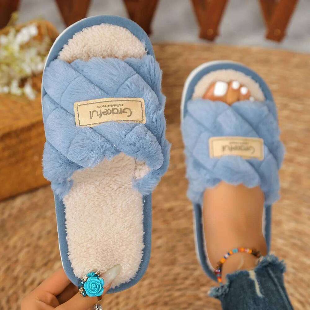 Litfun Winter Fluffy slippers For Women Open Toe Flat Bottom Home Slides New Warm Indoor Cotton Shoes Soft Sole Women's Slippers