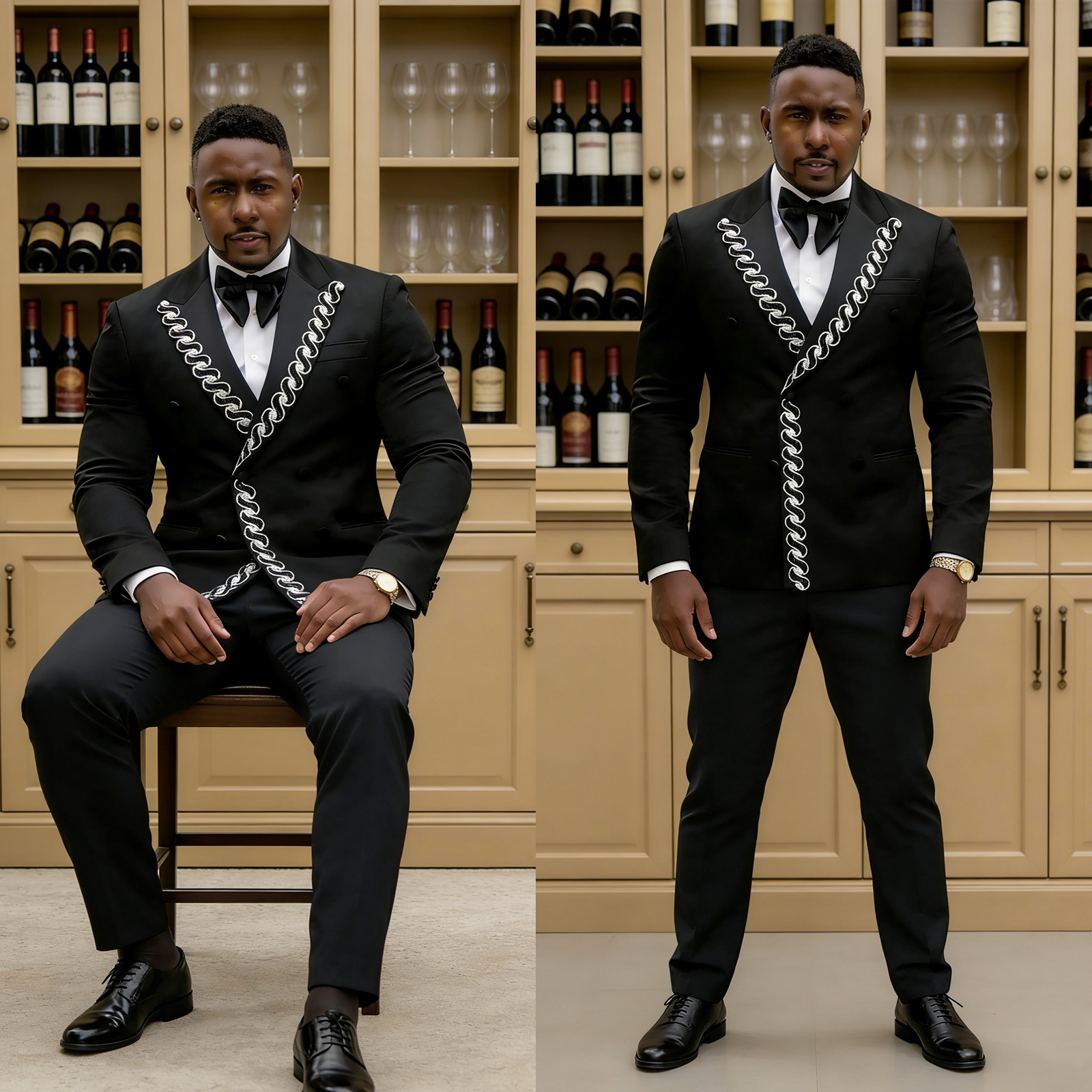 Diamond Beaded Lapel Men Tailored Suits 2 Pieces Plus Size Customized Formal Wedding Groom Suits Evening Party Homme Costume