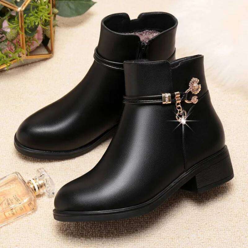 2025 Winter Soft Furry Short Boots for Women - Chunky Heel Warm Cotton Shoes, Flat Black Leather Mom Shoes