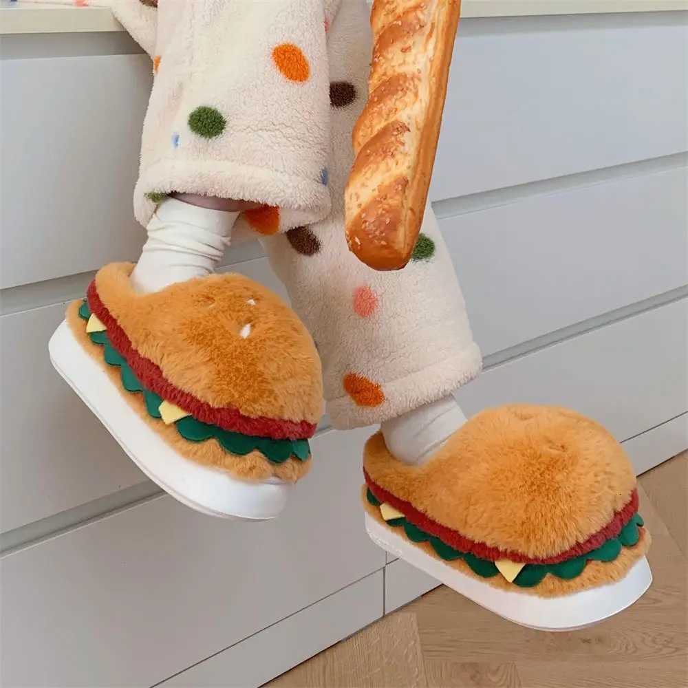 Women Winter Warm Slippers Cute Cartoon Hamburger Home Floor Platform Shoes Thick Sole Soft Plush Girls Indoor Fluffy Slipper S260305