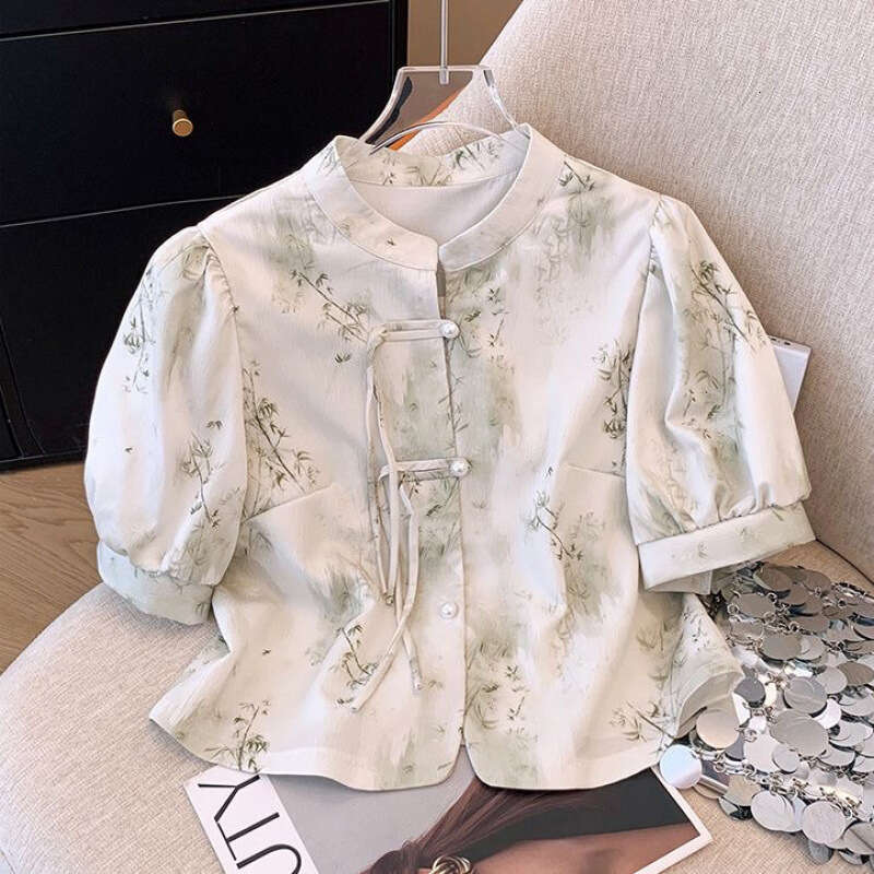 New Chinese style Green Bamboo Print Short Sleeve Shirt With Summer Cheongsam Collar And Button Design Embroidered Slim Fit Women's T-irt Summer