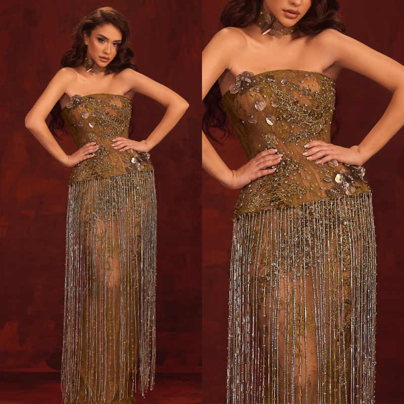 Luxury Strapless Tassels Prom Dresses Elegant Beaded Sequined Evening Dress Appliques Floor Length Party Gown Customized