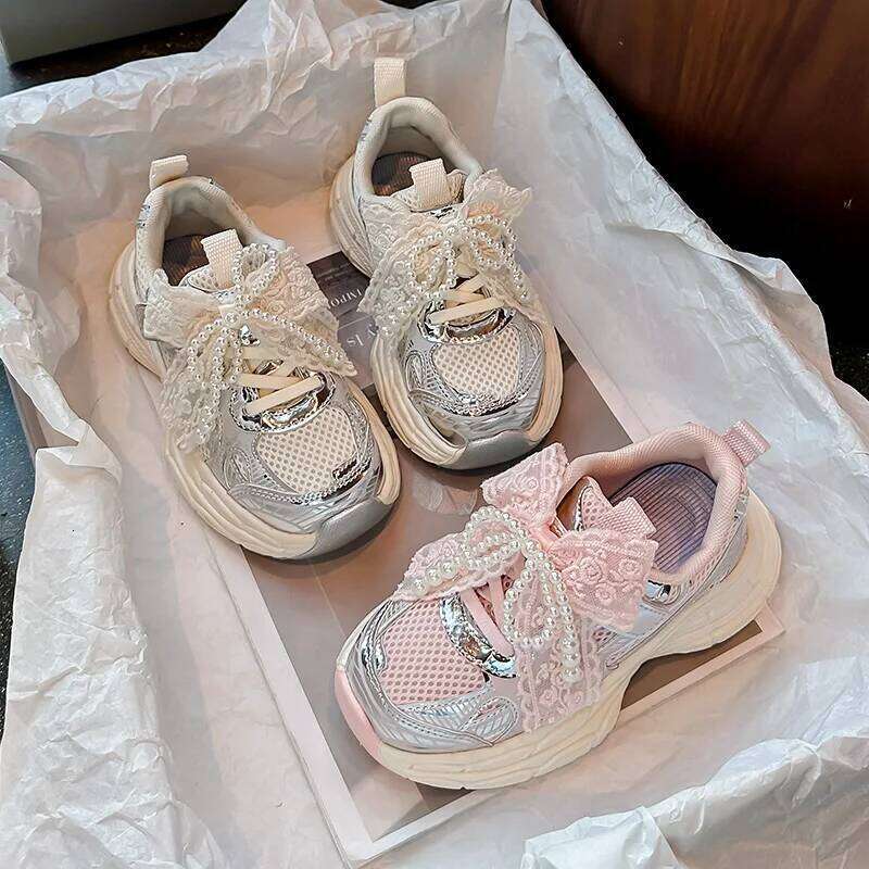 Girls Sweet Gauze Bow Decorative Sneakers New Spring and Autumn Breathable Fashion Beaded Children's Running Shoes. 26Y0304
