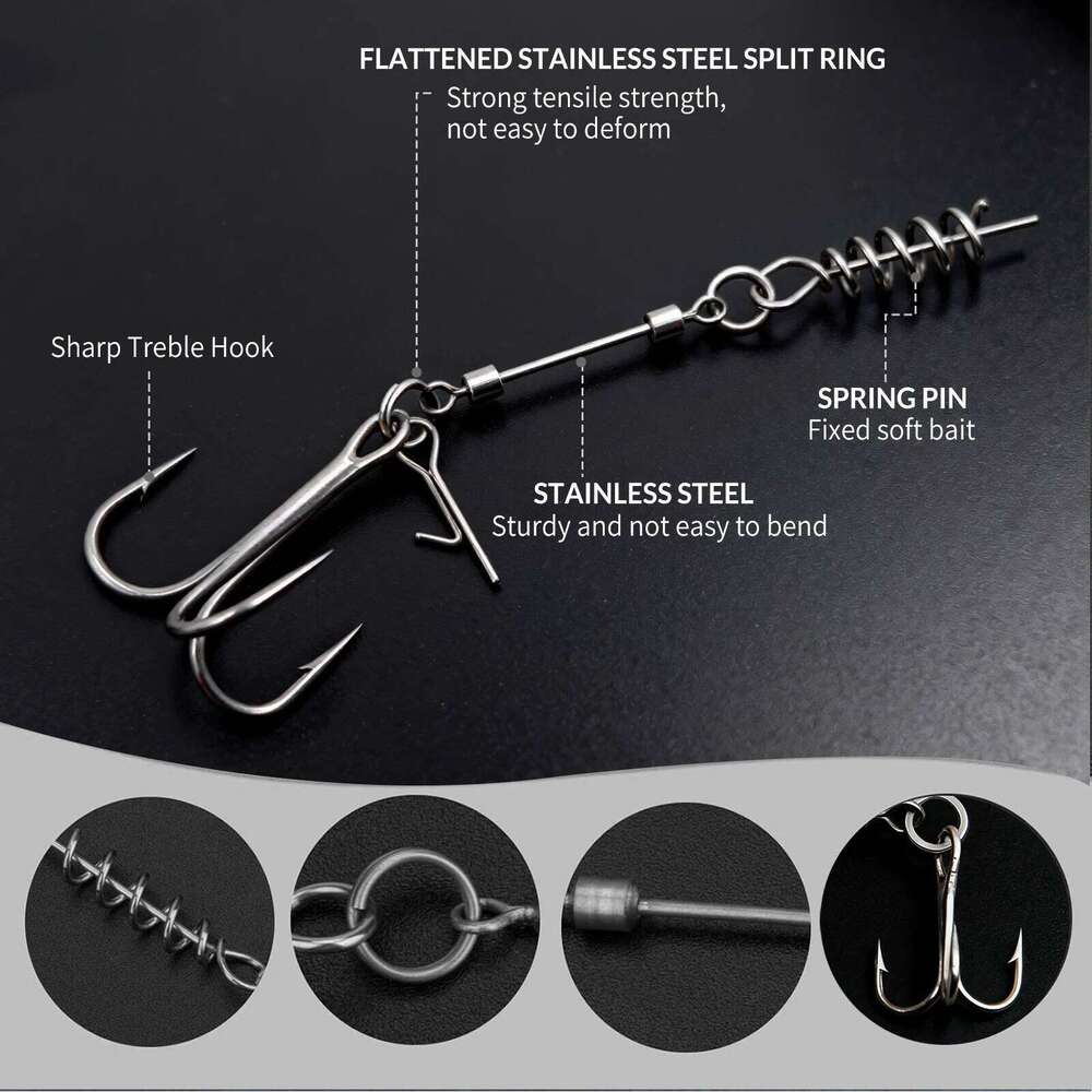 9KM Fishing Stringer Rig 3pcs/Set Treble Hook with Center Spring Pin Soft Lure Rigging for Twistlock Screw Rigs Saltwater S260305