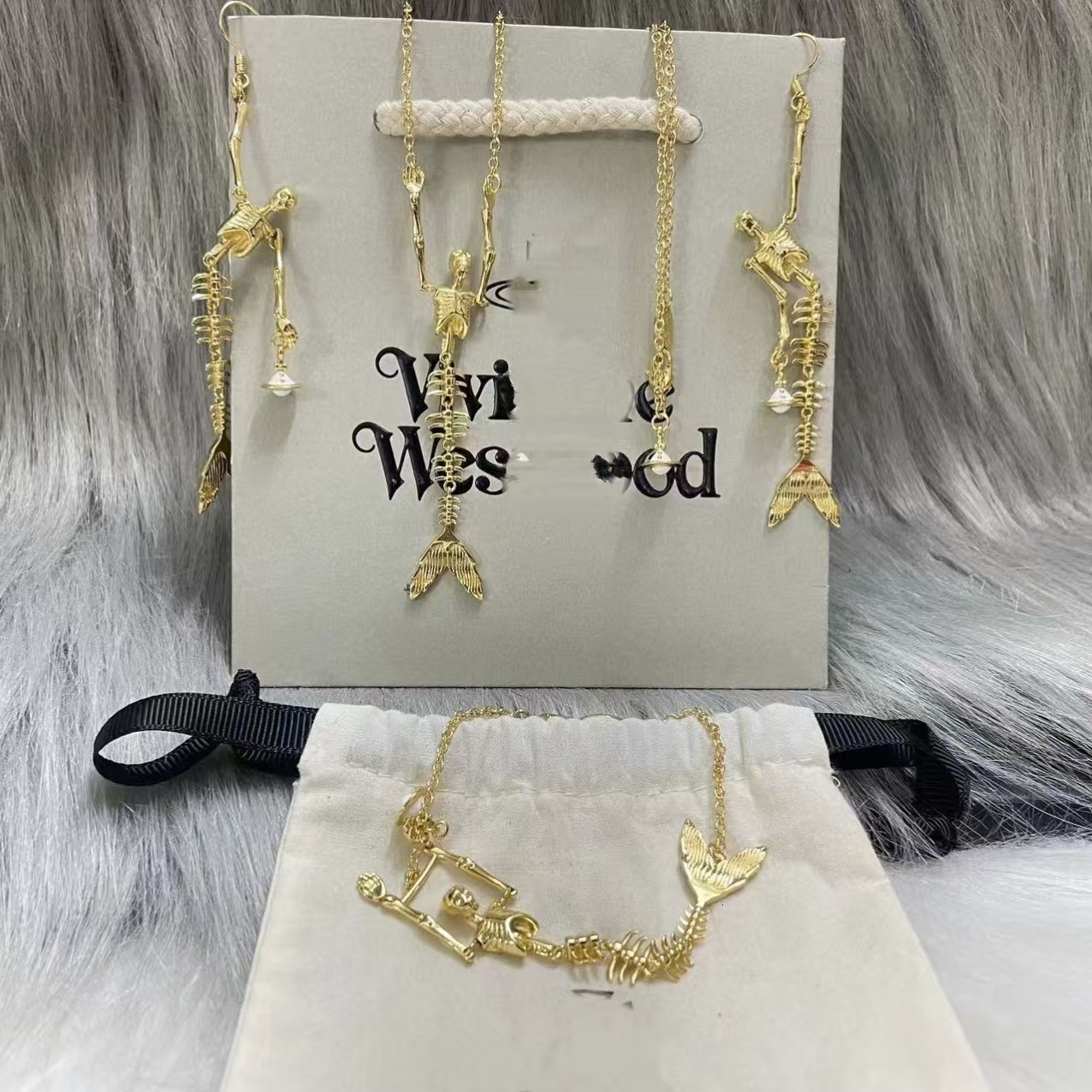 Necklace Bracelet Earrings Queen Mother Mermaid Skeleton Saturn Necklace Bracelet Earrings For Women Vintage Punk Style Collarbone Chain