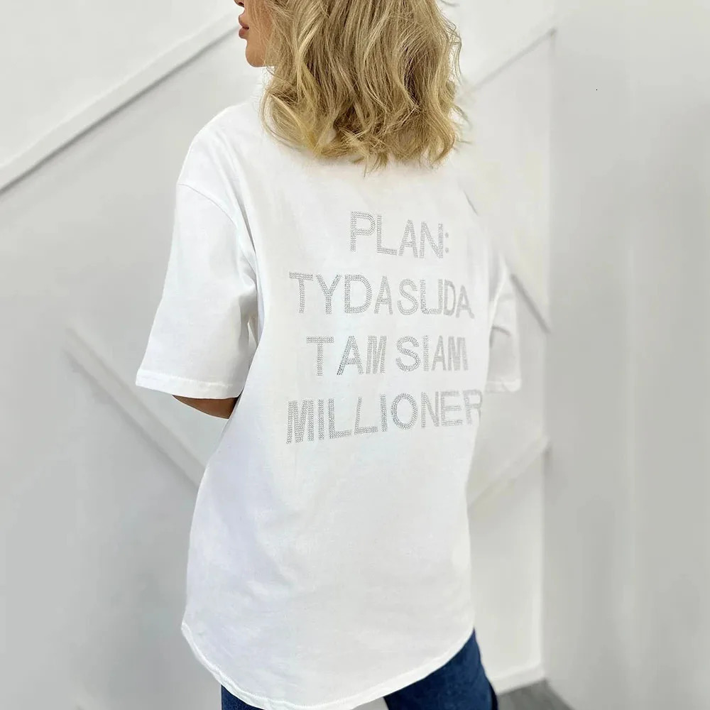 Rhinestone Letter Casual Tee Shirt Oversize Bodyfriend Style Korean O Neck Summer T Shirt Women Streetwear Harajuku Tops 260304