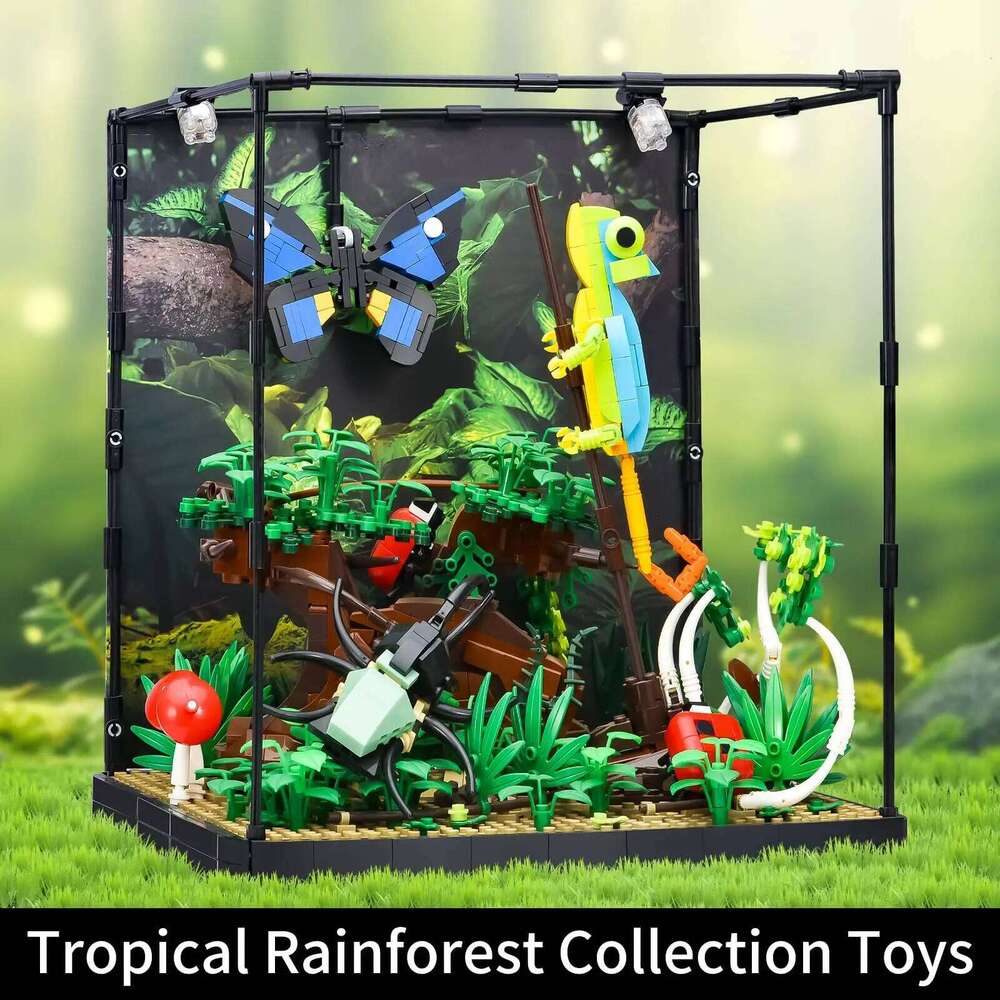 1358PCS Creative Tropical Rainforest Model MOC Chameleon Butterfly Building Blocks with Lighting Desktop decor Toys Kid Gifts Z260306