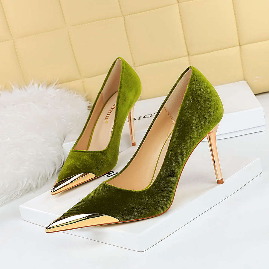 Women European And American Style Banquet Fashion Light Luxury High Heels Stiletto Metal Pointed Suede Women S Shoes