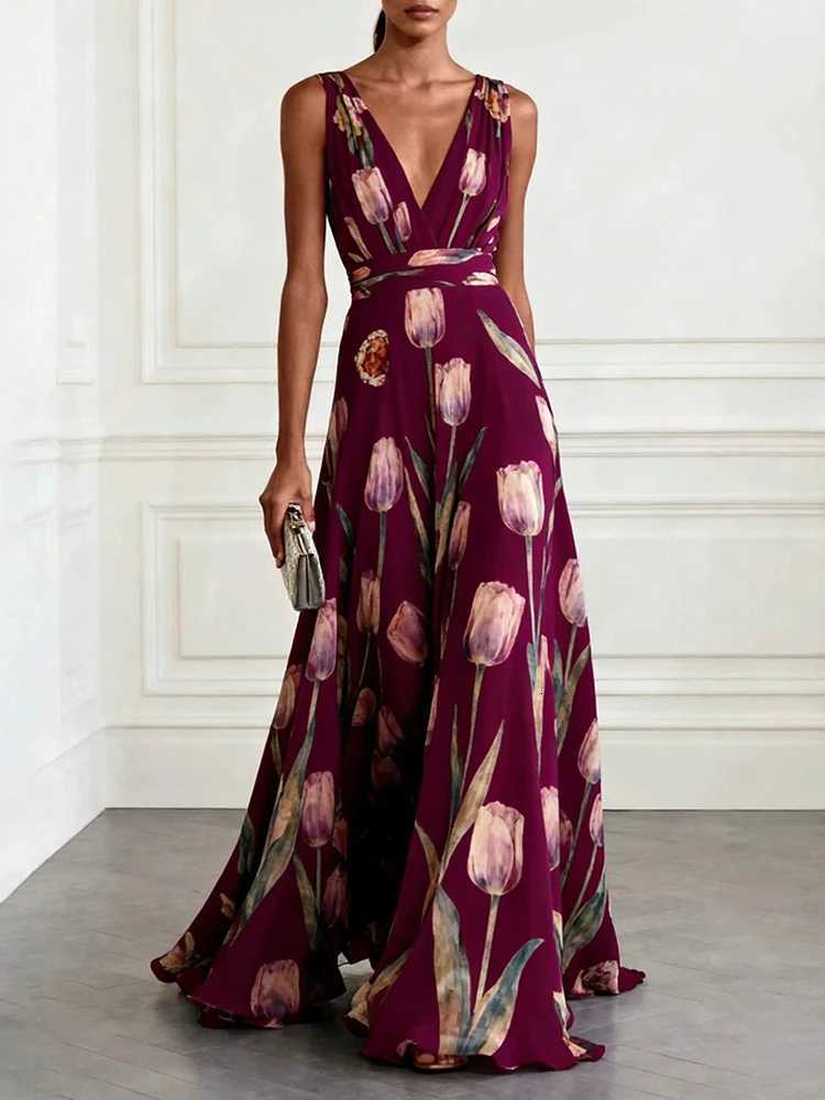 2026 New Elegant High Waist Pleats Robe Dress Summer Flower Print V-neck Holiday Dress Sexy Sleeveless Chiffon Women Party Dress X260306