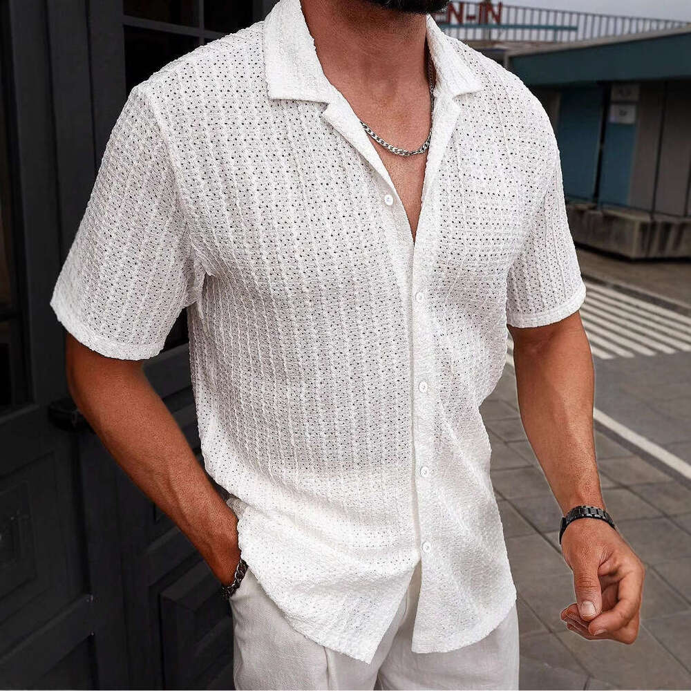 Cross-border temu shein Amazon cross-border foreign trade men's casual striped shirt with turn-down collar and short sleeves