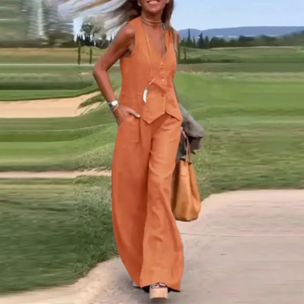 Casual Tank And Wide Leg Pant Sets 2 Piece Sets Women Outfit Summer Elegant Solid Cotton Linen Tops Trousers Suit Femme 5XL 260305