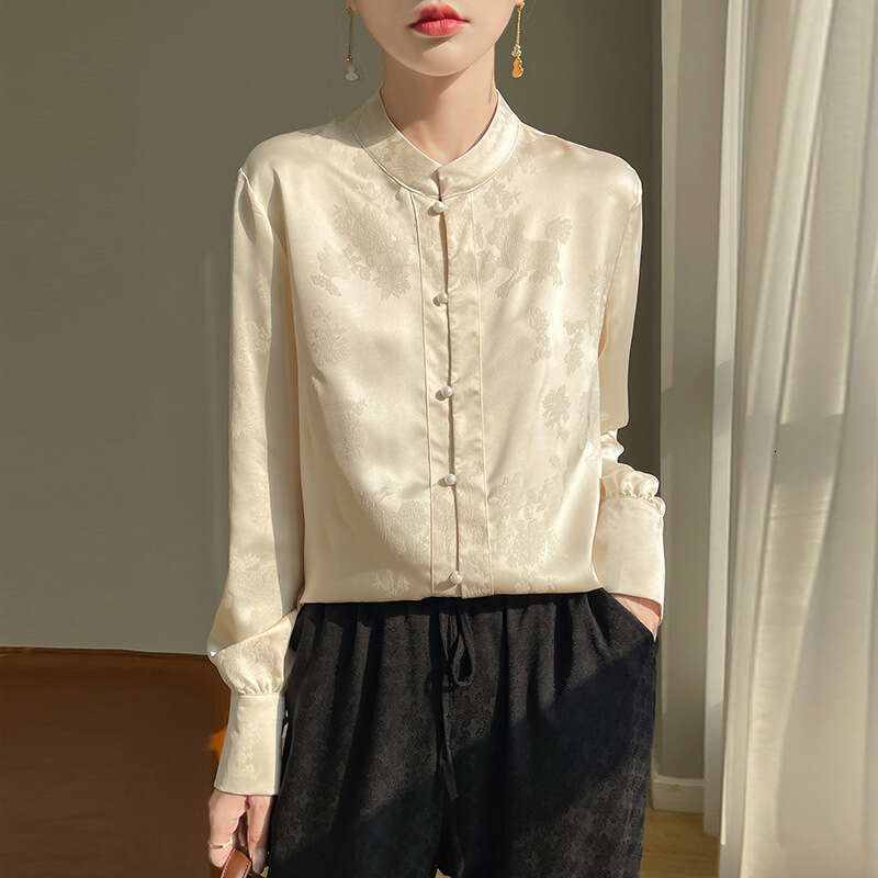 Mardi Hefxessdr Women's Long Sleeve Loose Fit Stand Collar Elegant All-Match Satin Fabric Imitation Chinese style shirt women's clothing