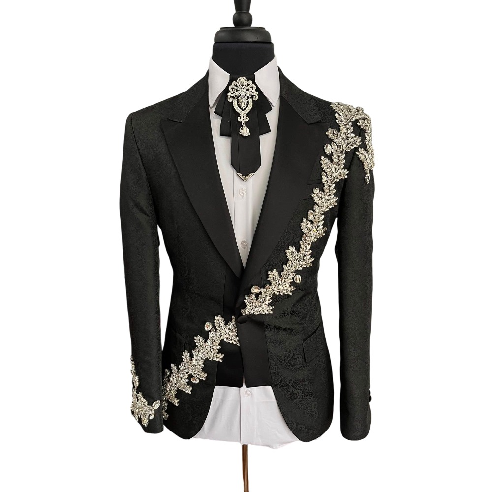 Handsome Men Suits 2 Pieces Crystal Beaded Peaked Lapel Blazer Tailor-Made Jacquard Jacket One Button Groom Customized Coat Pant Plus Size